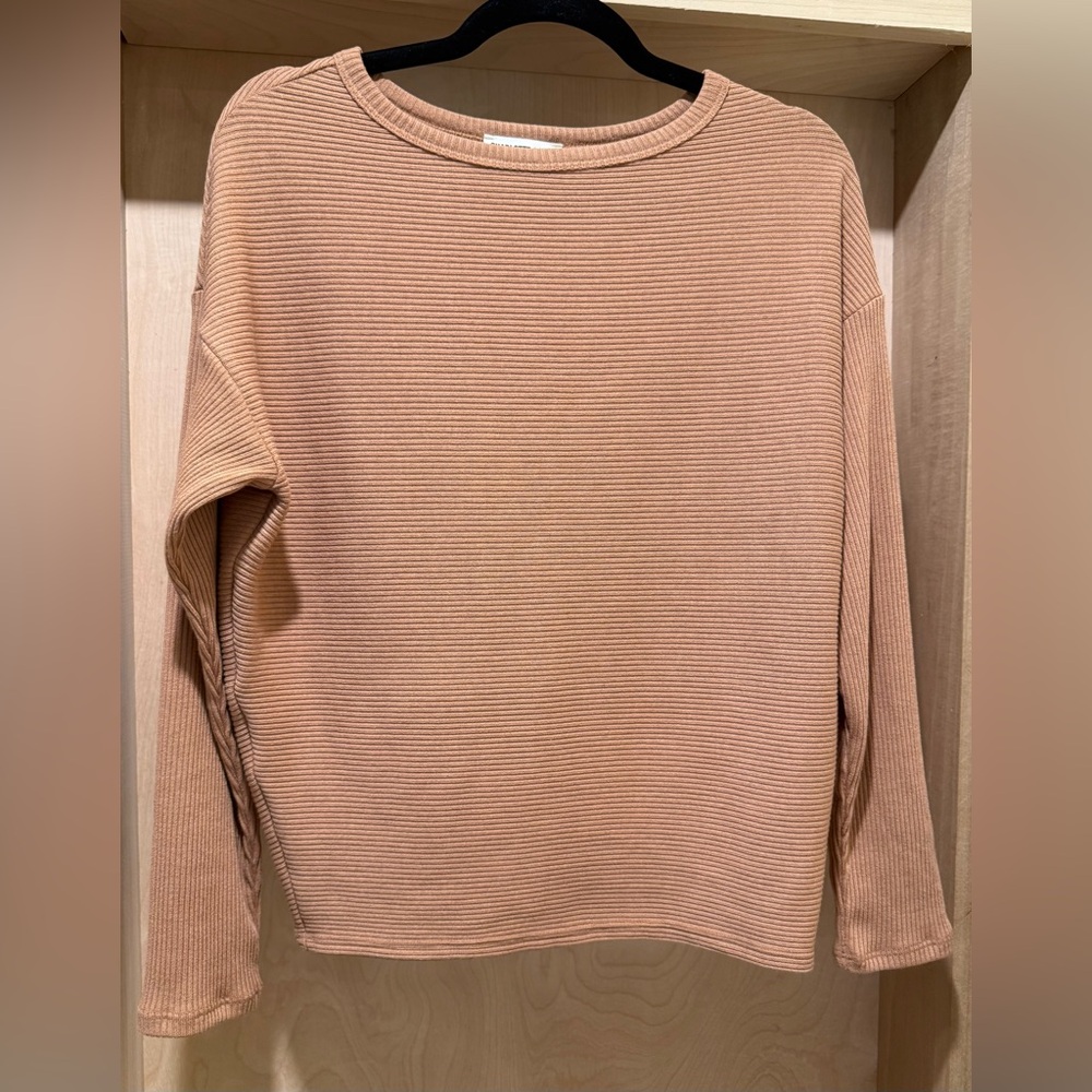 Charlotte Avery Ribbed Long-Sleeve Crewneck Top - Light Brown Size Small